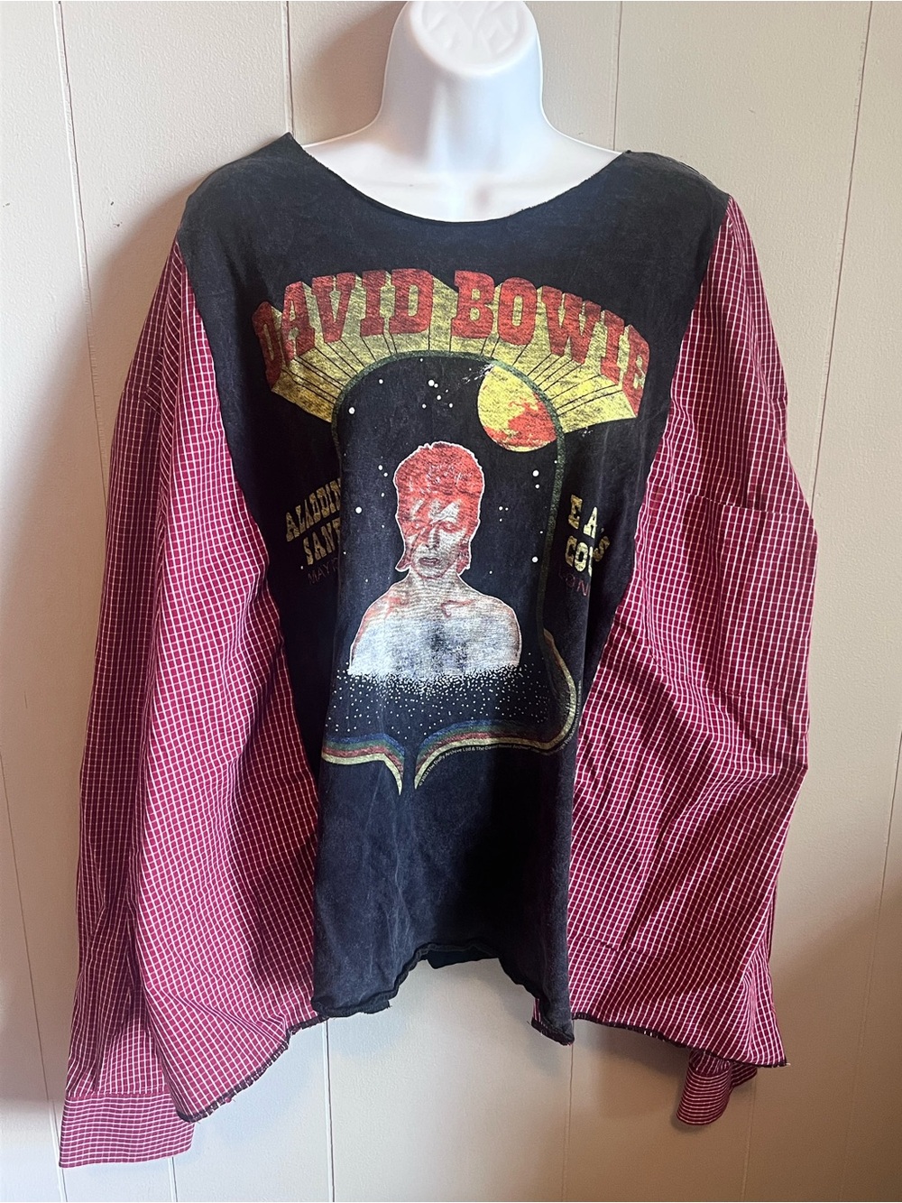 David Bowie Repurposed Off The Shoulder Graphic Tee with Red Checkered Sleeves